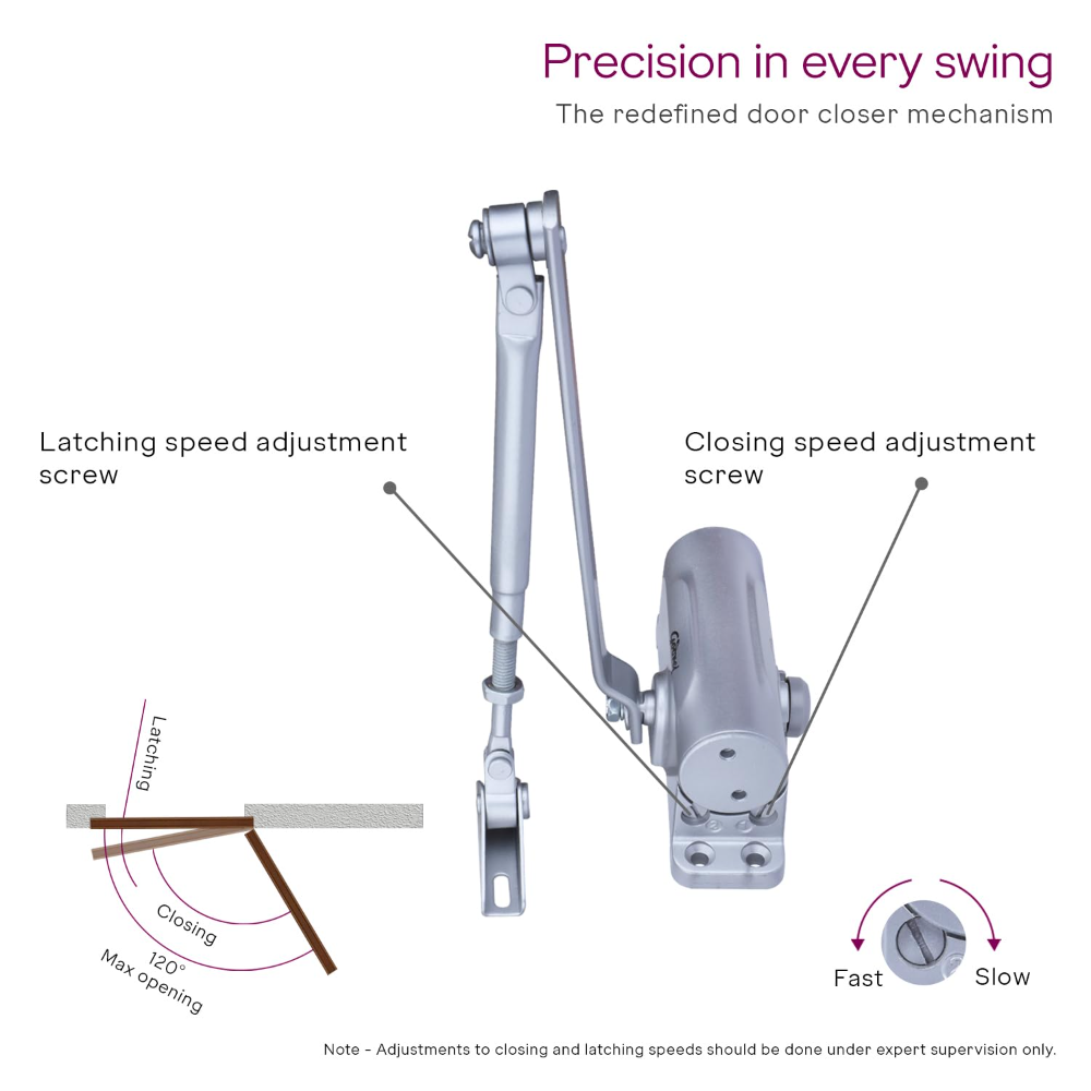 Godrej Hercules Door Closer | No Oil Leakage Guaranteed | Rack and Pinion Mechanism | Double Speed Adjustment (Silver Finish)